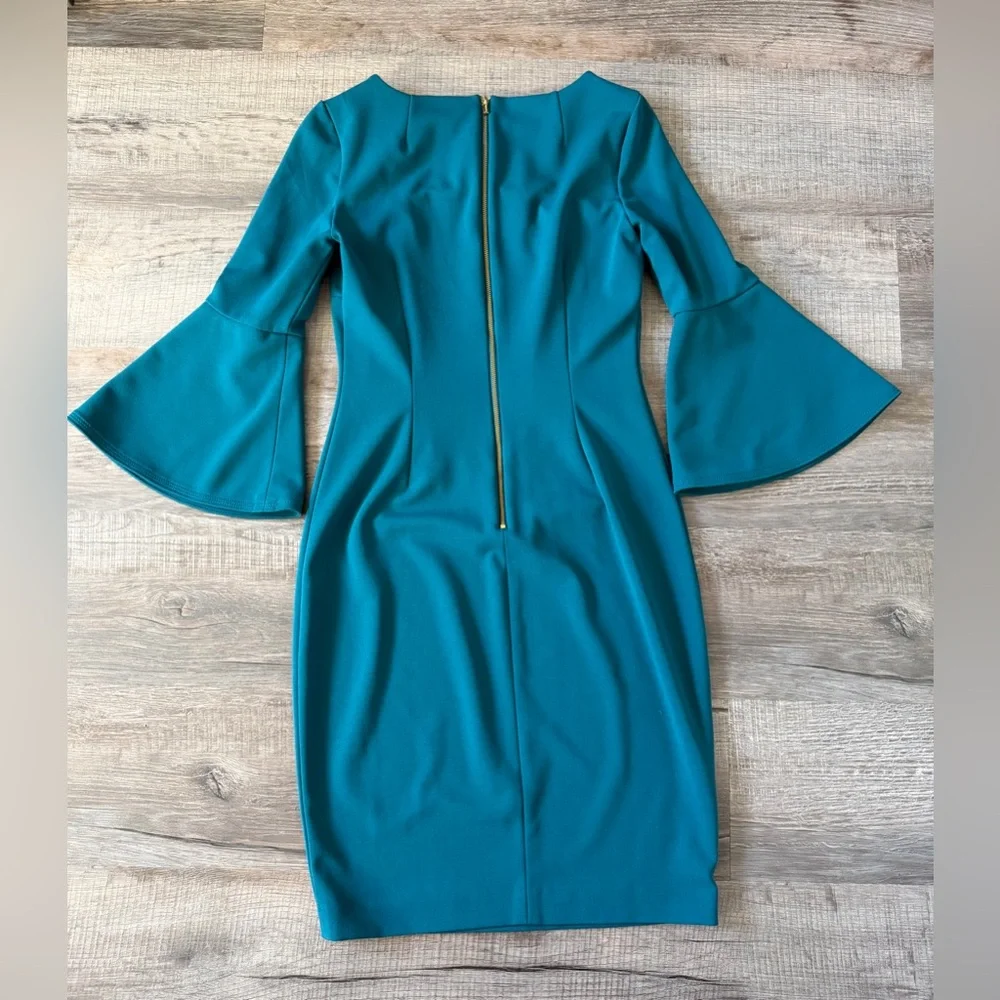 Calvin Klein Bell Sleeve Sheath Dress Teal 4 Elegant Wedding Evening Event